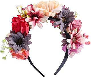 Burgundy Cream Flower Headband for Women Girls, Fall Floral Headband Crowns, Flower Crown Headpiece Hair Accessories for Wedding, Party, Festival, Family Pictures and Photoshoot