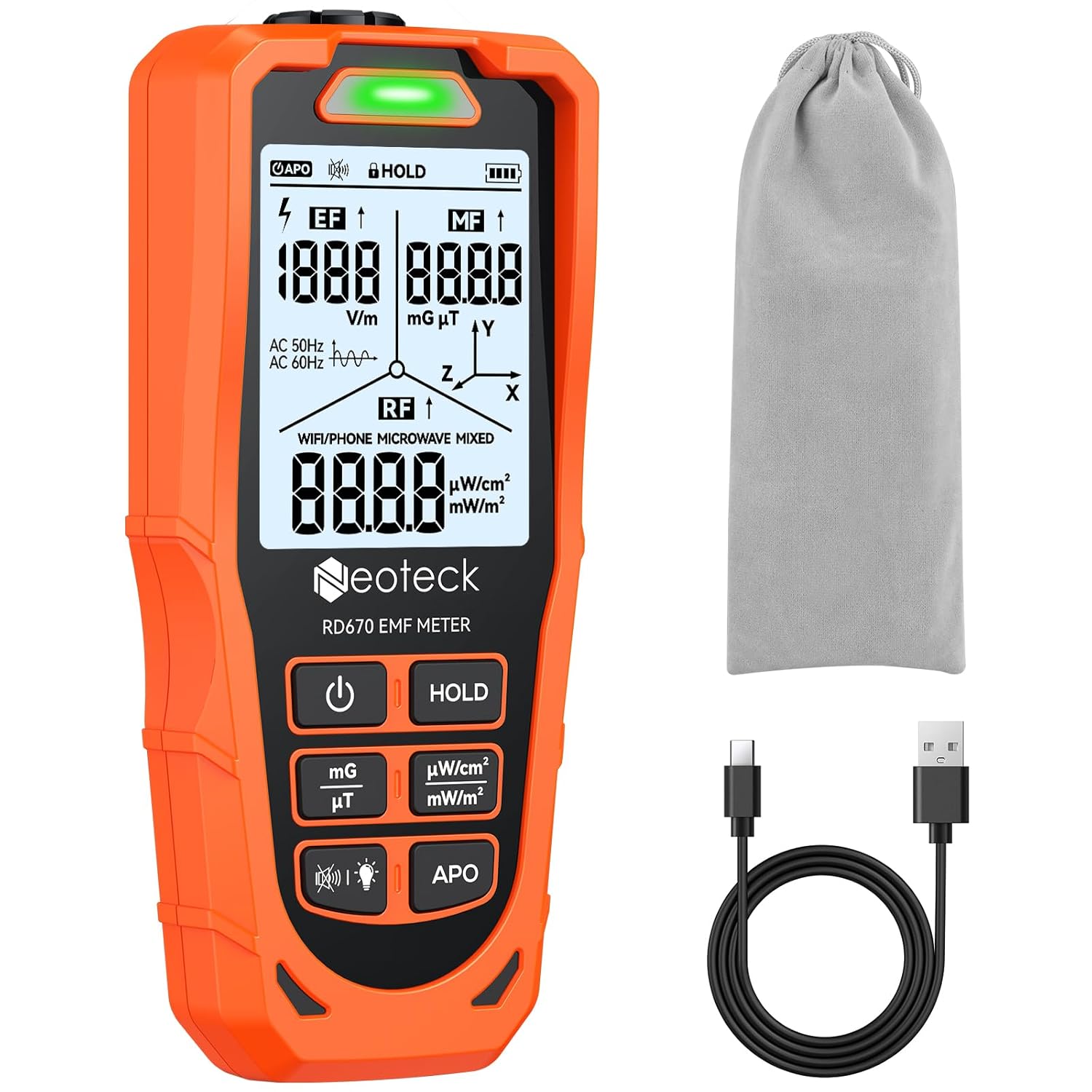 Neoteck 3 in 1 EMF Detector for EF MF RF 3 Axes Electromagnetic Field Radiation Detector to Identify MF Direction with 3-Color LED & Audio Alarm Rechargeable WiFi Signal Detector for Home Office