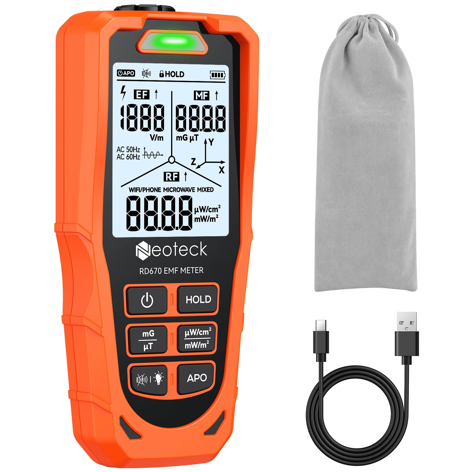 Neoteck 3-in-1 EMF Messgerät Elektromagnetischer Felddetektor für elektrische, magnetische und Hochfrequenzstrahlung, Echtzeitüberwachung, dreifarfarbige LED- und Audioalarme für Zuhause Büro