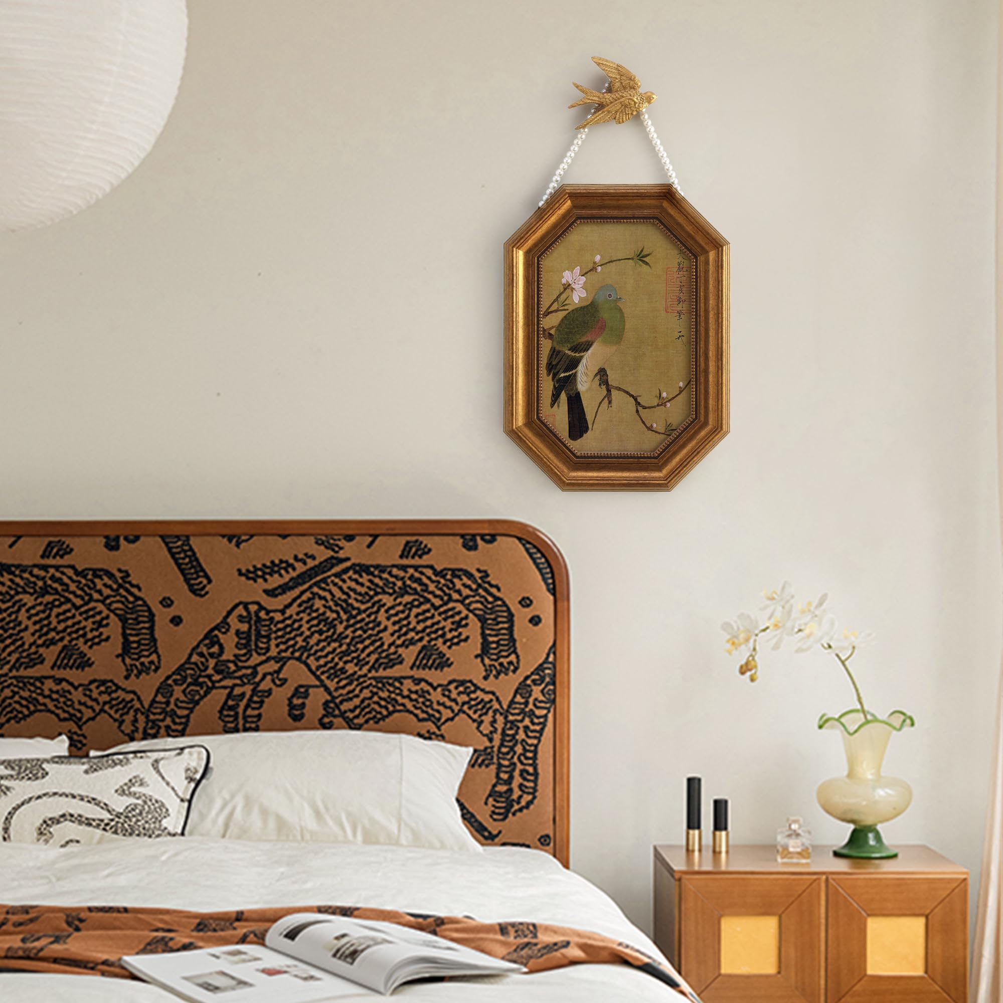 Zelvix Gold Framed Canvas Wall Art Vintage Decor, Antique Chinese Bird Farmhouse Prints,8"x12" Picture Frame With Accessories for Living Room Bathroom Kitchen