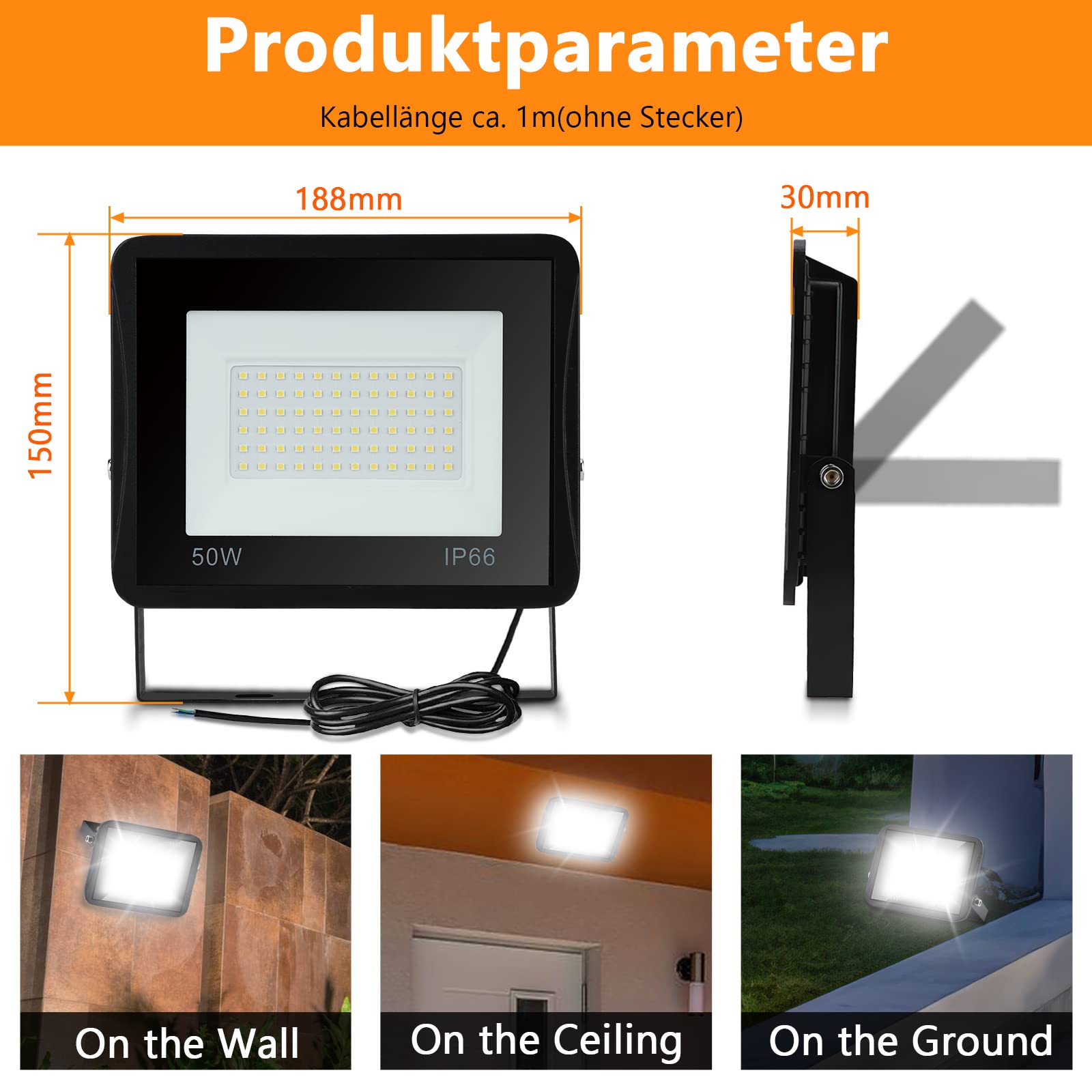Reflektor zewnętrzny LED, 50 W, 4 x LED, 3000 K, ciepłe białe, super jasne, 4225 lm, do dekoracji domu, drzewa, przyjęcie urodzinowe, wesele, bez wtyczek