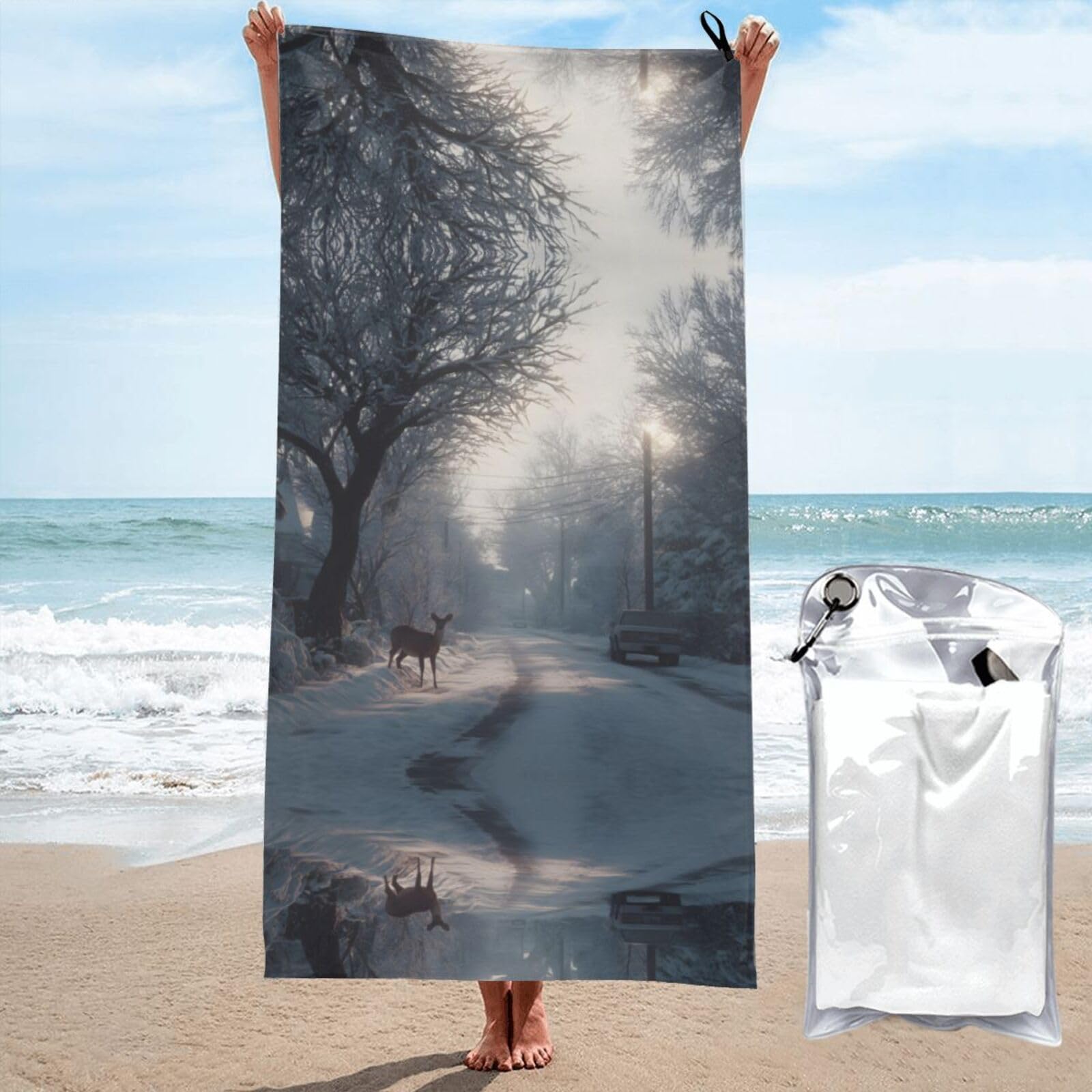 ESNAIUVCD Winter Print Beach Towel, Microfibre Sauna Towel, Quick-Drying Fitness Towel, Lightweight And Thin Portable Sauna Towel