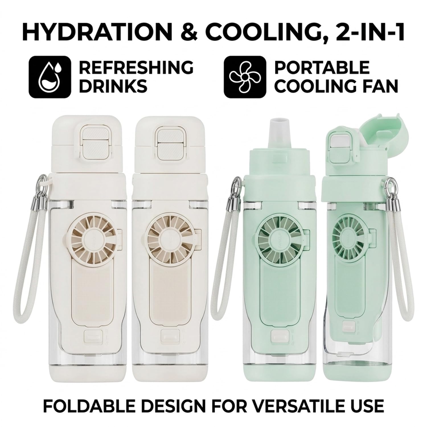 Botella de agua 2 en 1 con ventilador plegable integrado, botella de agua de refrigeración portátil de 690 ml con ventilador de 3 velocidades, popote a prueba de fugas y tapa de boquilla para viajes