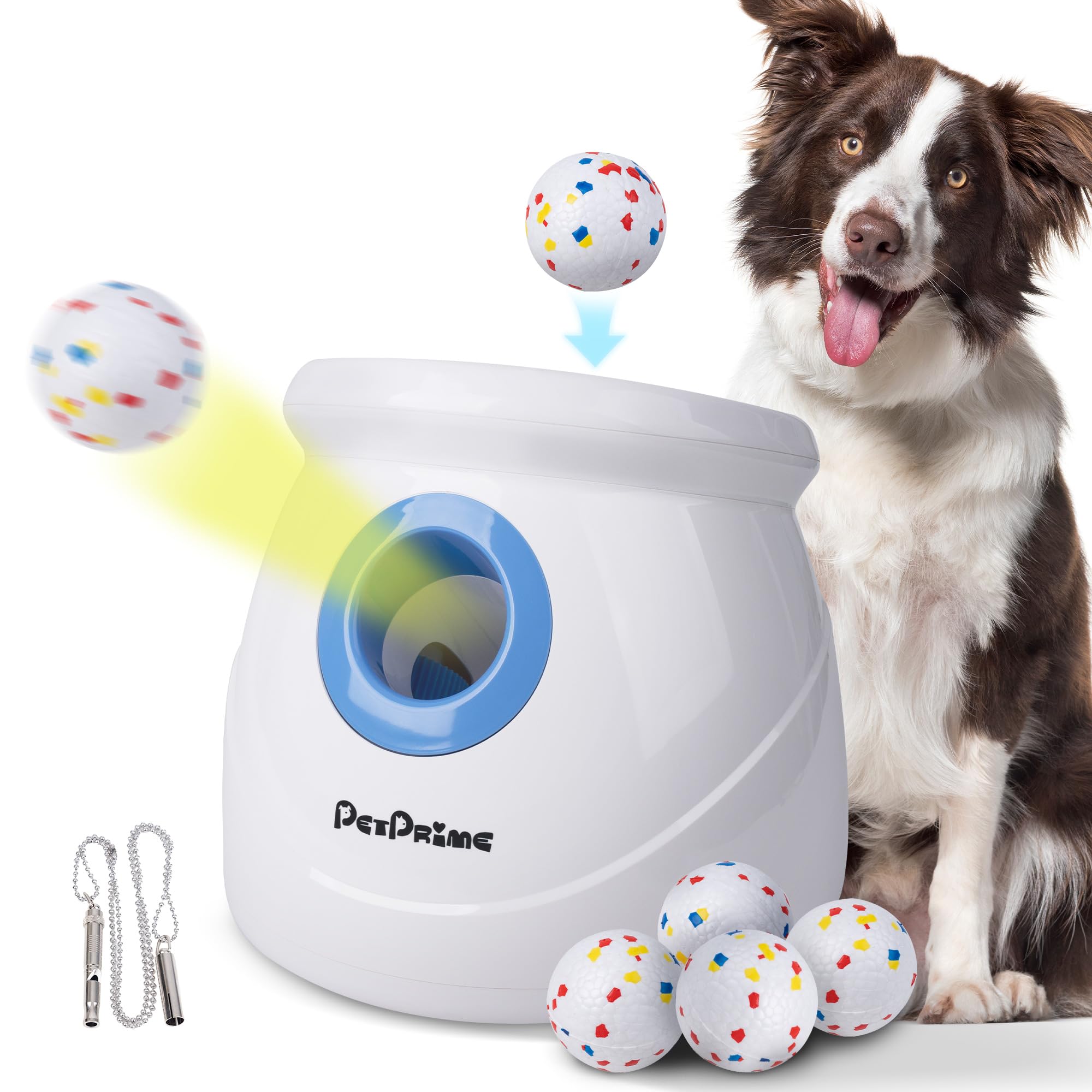 Pet Prime 3.0 Upgraded Version Automatic Ball Launcher for Large Dog Rechargeable Cordless Interactive Thrower Toy with Random Distance, Fetch Machine with 6 Durable 2.5" E-TPU Balls & Dog Whistle