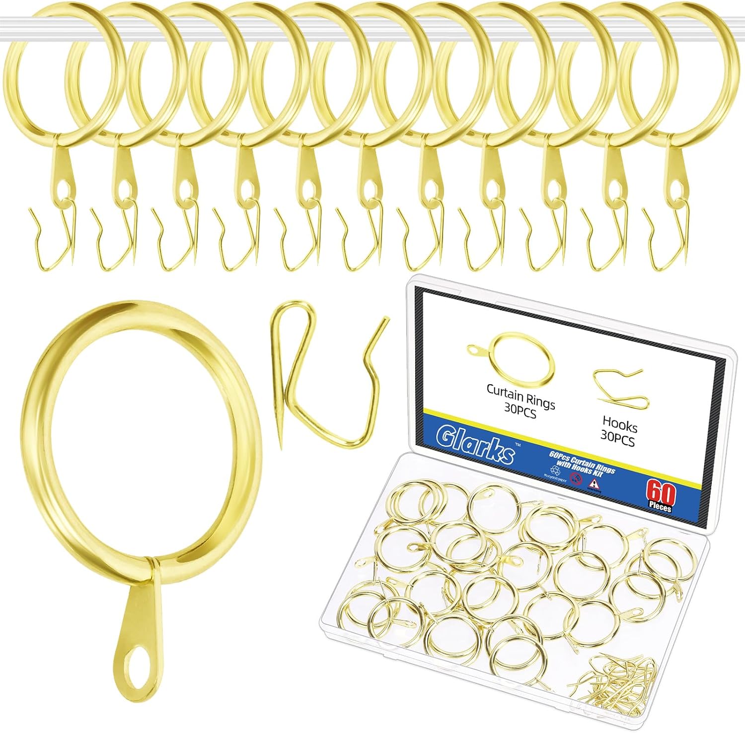 Glarks 30 Sets 50mm/2inch Silvery Metal Drapery Curtain Hanging Rings Set, Includes 30pcs Curtain Rings and 30pcs Drapery Pin Hooks, Drape Sliding Eyelet Rings for Sliding Window Bathroom Door