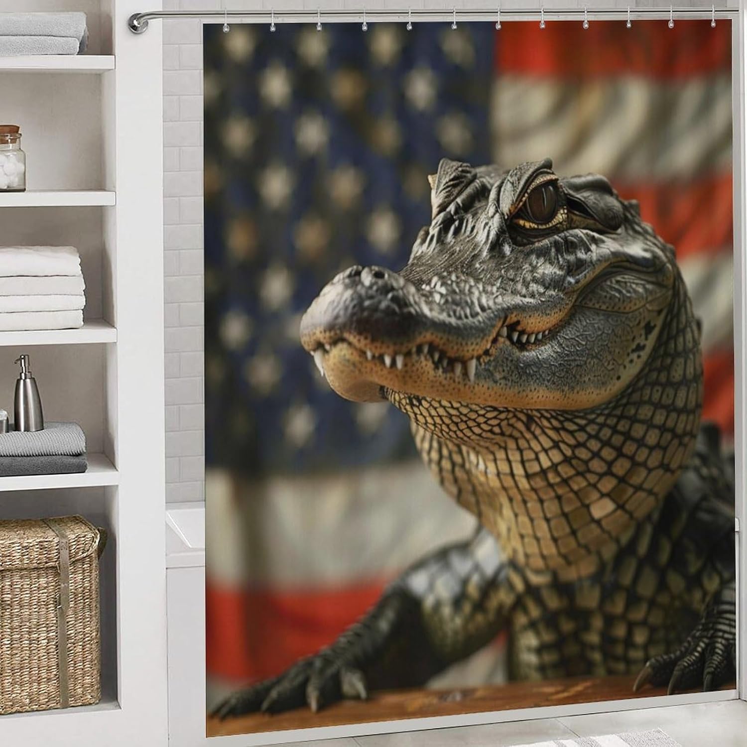 4Pcs Vintage USA Flag Crocodile Shower Curtain Set with Toilet Lid Cover Non-Slip Rugs for Bathroom, Alligator Animal Wildlife American Shower Curtain Bathroom Sets with Hooks, 72x72 Inch