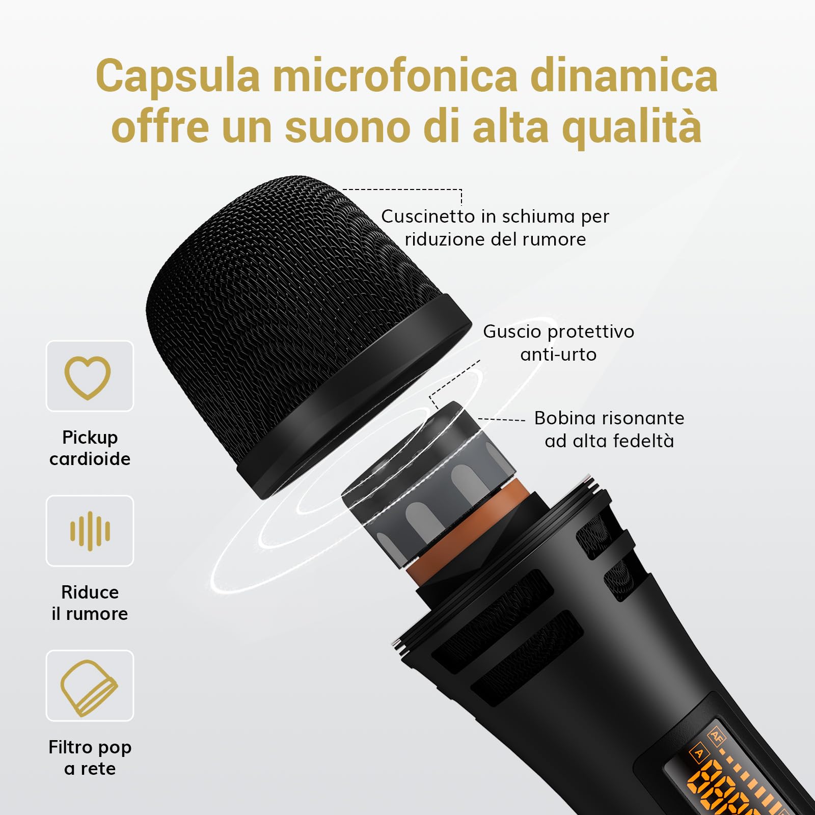 TONOR Microfono Wireless Dinamico TW350, Sistema Microfoni UHF per Karaoke, 60M, Nero