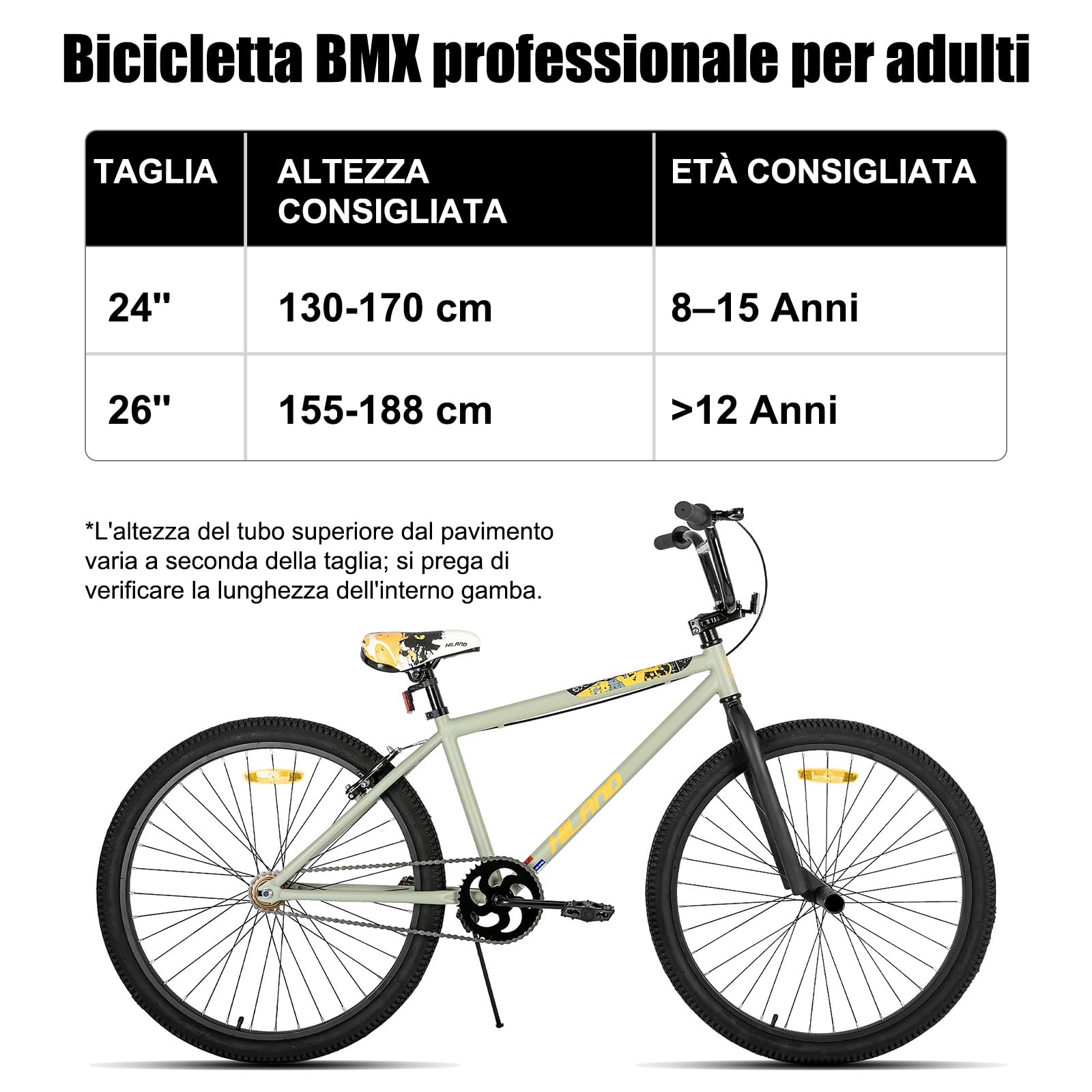Hiland Bicicletta per ragazzi e ragazze da 24/26 pollici, Junior BMX, Bicicletta BMX per studenti, Freestyle, 2 pedali in acciaio, ruota libera