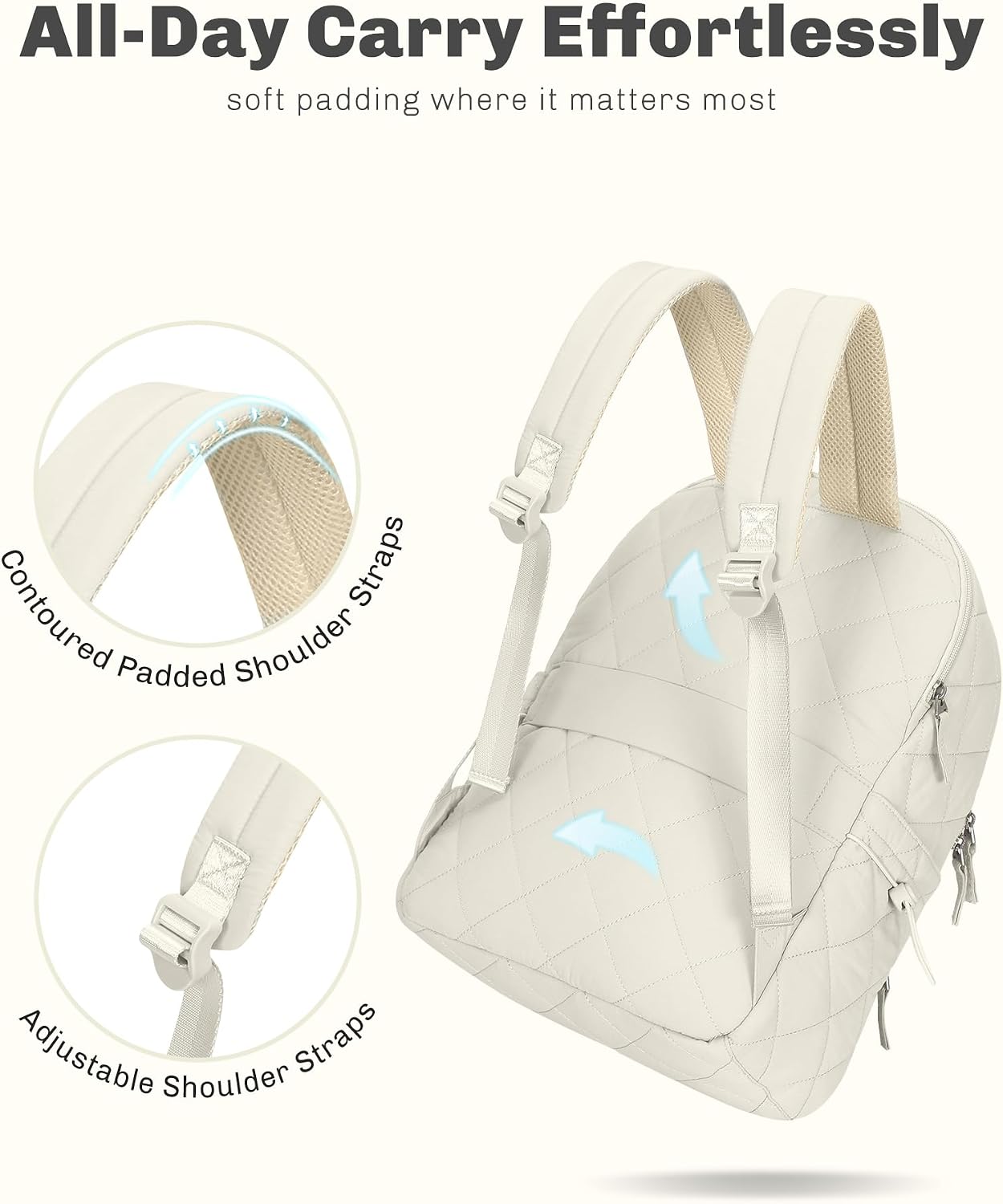 Hynes Eagle Travel Laptop Backpack Quilted College Backpack for Women Puffer Casual Daypack Personal Item Bag for 16 Inch Ivory Beige