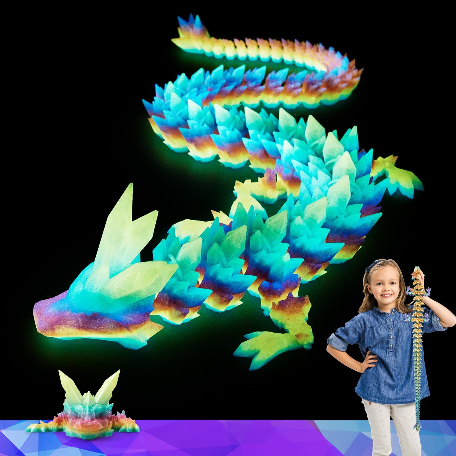 HyBaiS 30 inch Large 3D Printed Dragon Glow in The Dark,3D Dragons Figurine Toy, Big 3D Printed Toys, Easter Stuffer Gift for Kids 5-7,Desk and Home
