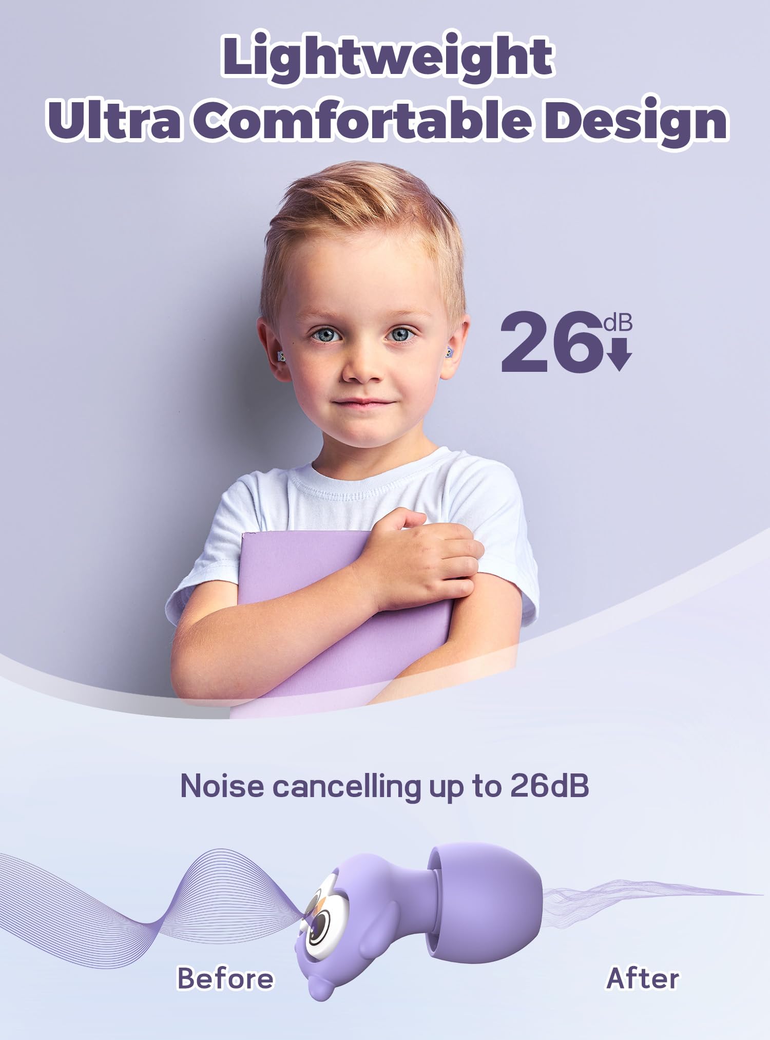 Tapones para los oídos para niños de 5 años en adelante, adultos y orejas pequeñas, 4 tamaños de puntas de silicona con cable de seguridad, tapones para los oídos de reducción de ruido de 26 dB para