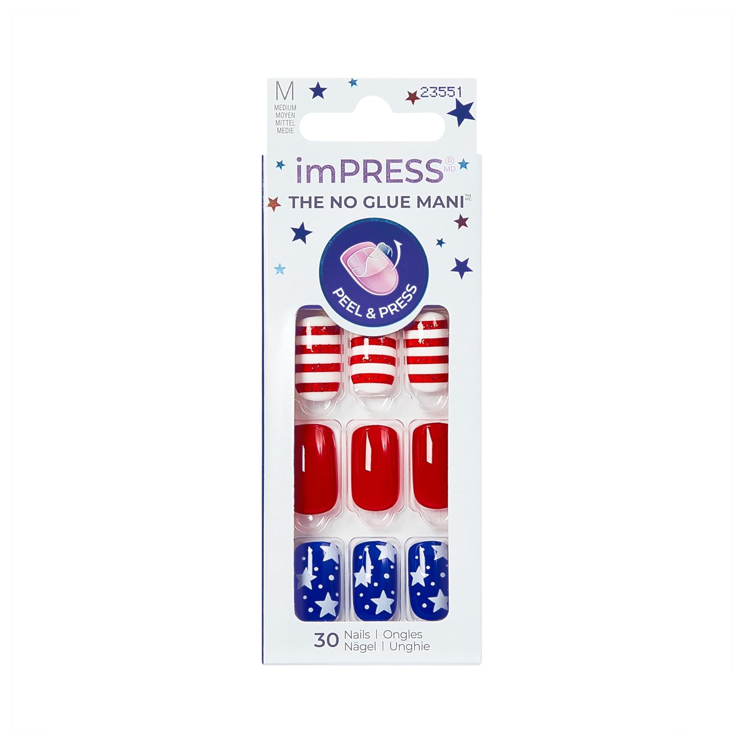 Kiss Impress No Glue Mani Press On Nails, Design, 'Stateside', Multicolor, Medium Size, Squoval Shape, Includes 30 Nails, Prep Pad, Instructions Sheet, 1 Manicure Stick, 1 Mini File