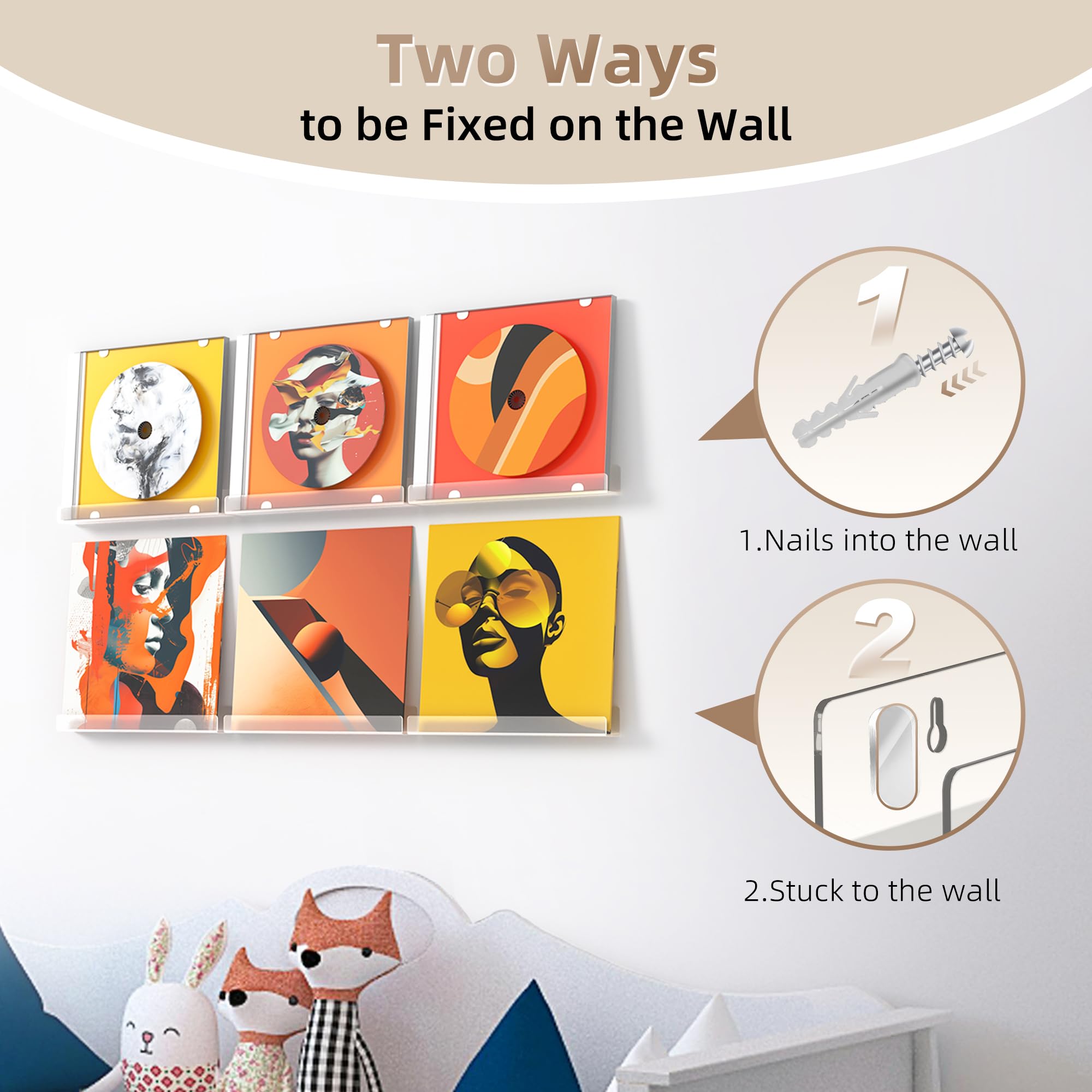 MINDEPOT Soporte de pared para discos de vinilo, paquete de 6 unidades de 12 pulgadas, estante transparente de exhibición de libros de música para decoración del hogar, habitación de niños, arte de