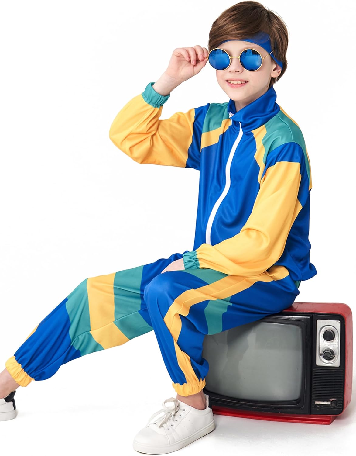 Kids 80s Retro Tracksuit Costume Outfit Jacket Pants Headband Set Vintage Dance Party Performance Wear Unisex