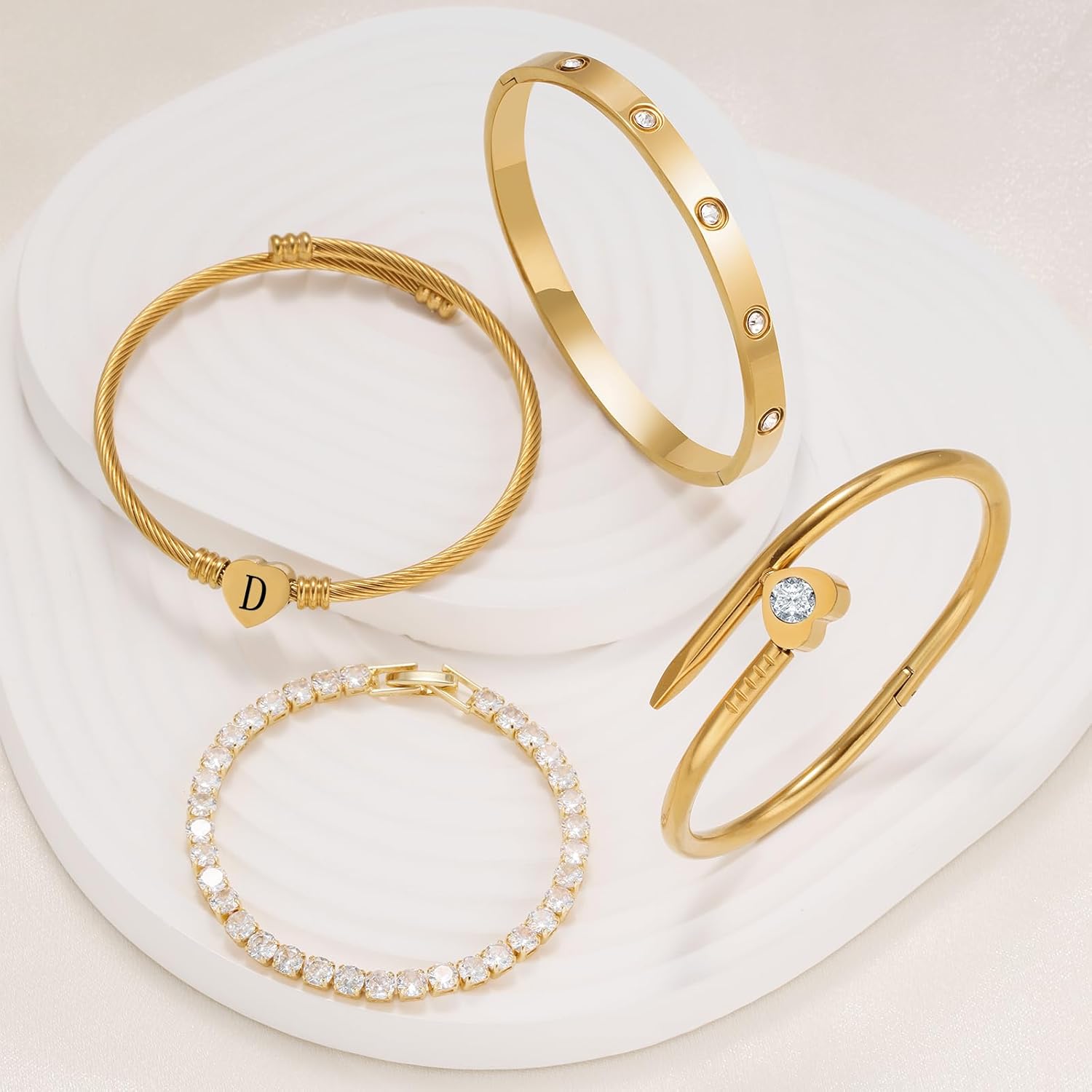 MEIERYA18K Gold Plated Nail love Bangle Bracelet Set for Women,Cubic Zirconia,Adjustable tennis bracelet Trendy Gift Jewelry for Mother's Day Anniversary - Image 8