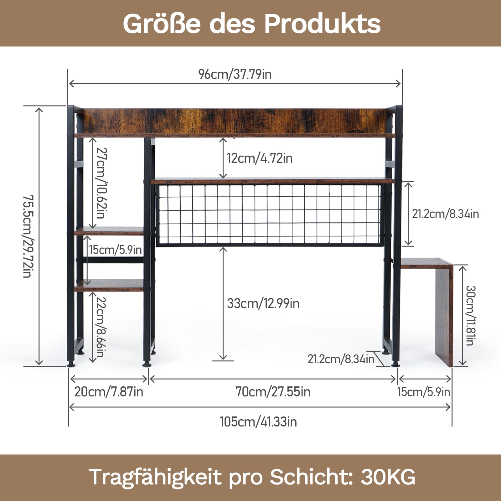 ybaymy Bureau-boekenkast met 3 etages voor computer, boekenkast voor het bureau, organizer hout, bureau-stal, multifunctioneel houten rek, bureauplank, tafelrekken, kantoor, thuis