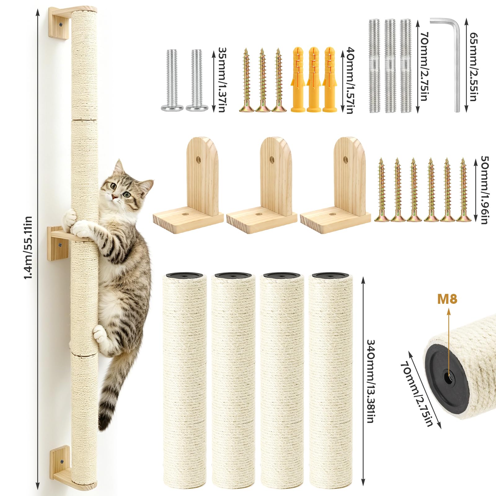 Rascador de repuesto para tronco de sisal, 2 piezas, tronco de sisal, diámetro de 7 x 34 cm, accesorios para rascador, altura de pila 70 cm, con tornillos M8 y llave (beige, pared)