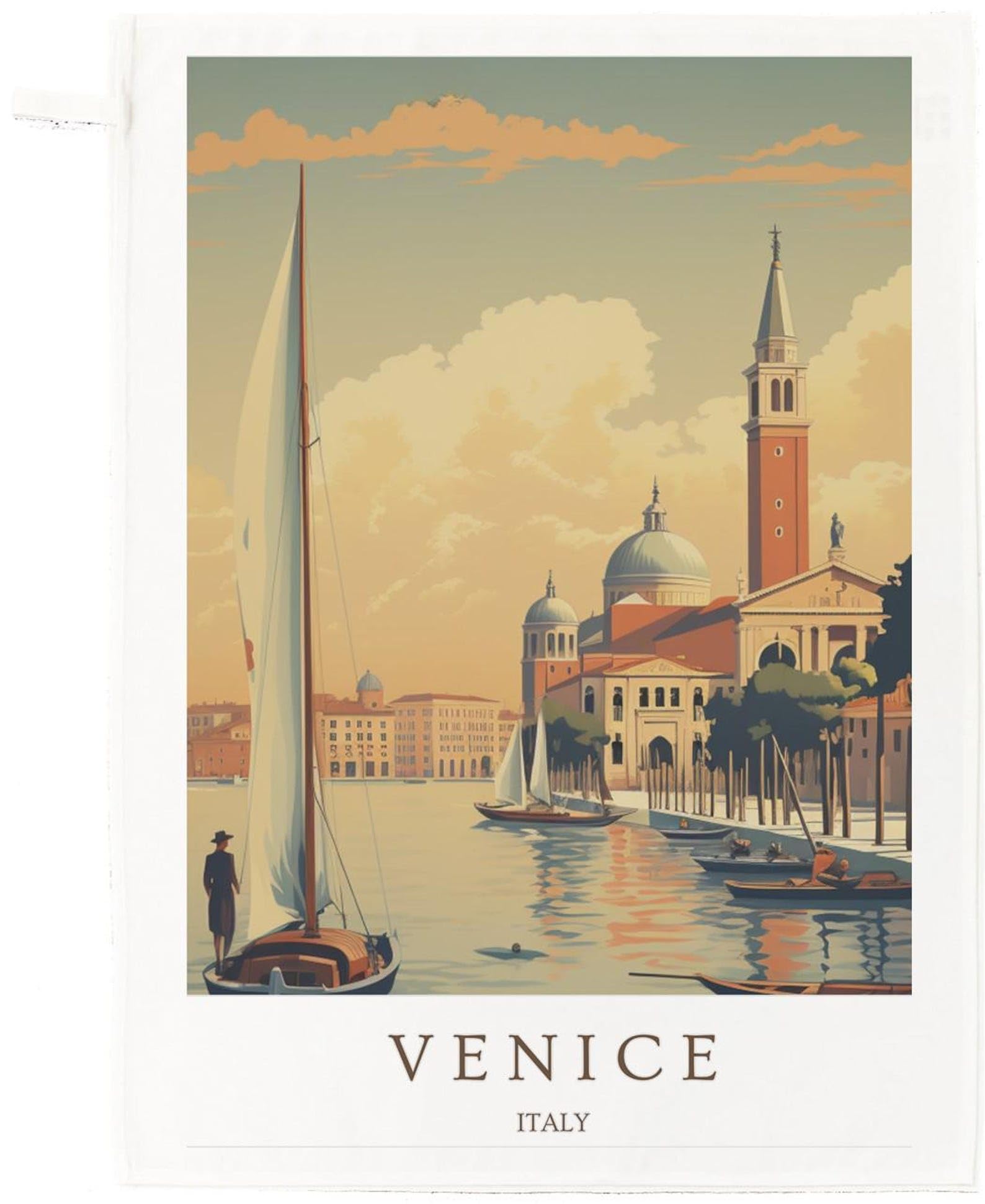 Half A Donkey White Venice Italy Cotton Tea Towel – Vintage Travel Poster Kitchen Décor