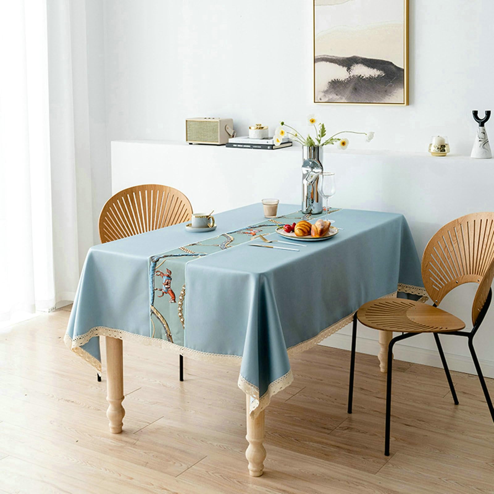 Tovaglia 150 x 200cm, Tovaglia da Cucina Antimacchia Blu Cavallo Ricamato con Bordo in Pizzo Tovaglia Rettangolare