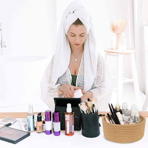 Miniatura 65 de ABenkle Paquete de 2 cestas pequeñas, cesta tejida de cuerda de algodón, lindas cestas de almacenamiento pequeñas, cesta bohemia decorativa