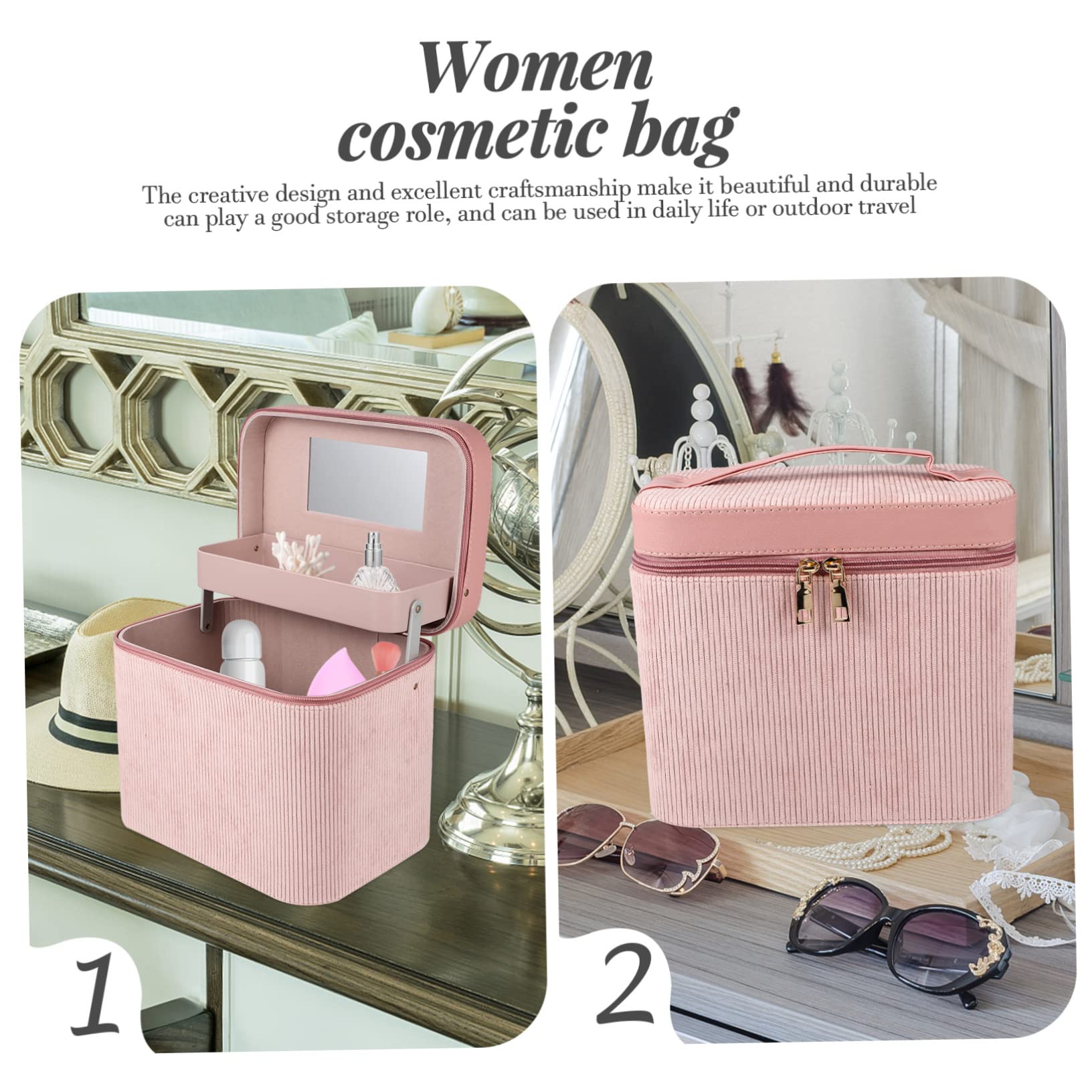 Mikinona Tragbarer Kulturbeutel Hartschale mit Spiegel Zweilagige Kosmetikaufbewahrungstasche aus Corduroy für Damen als Make Up Kasten und Reise Make Up Tasche