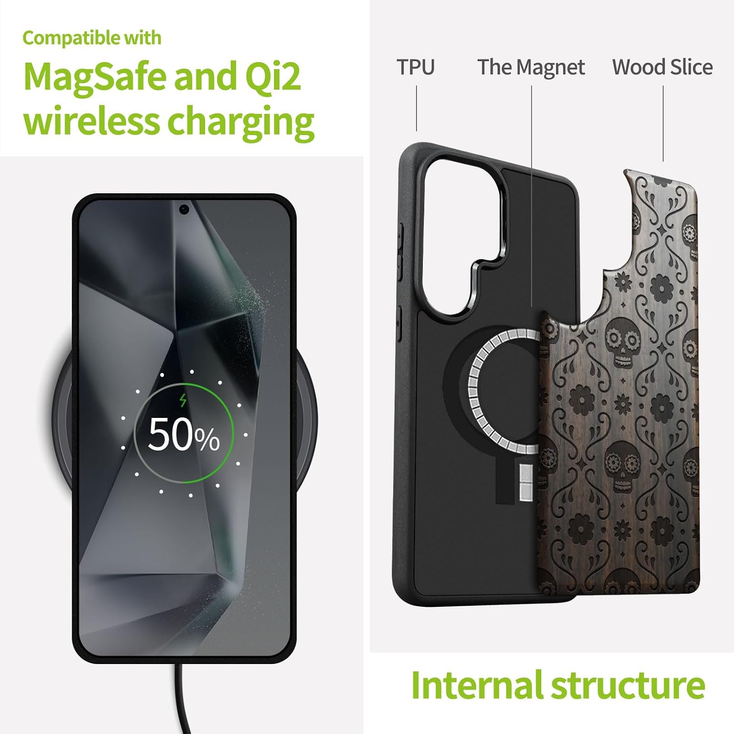 Carveit Magnetic Wooden Case for Samsung Galaxy S26 Ultra Case 2026, TPU Shockproof Cover & Wood Artisan Engraved, Compatible with MagSafe Wireless Chargers (Sugar Skull Bloom) Blackwood