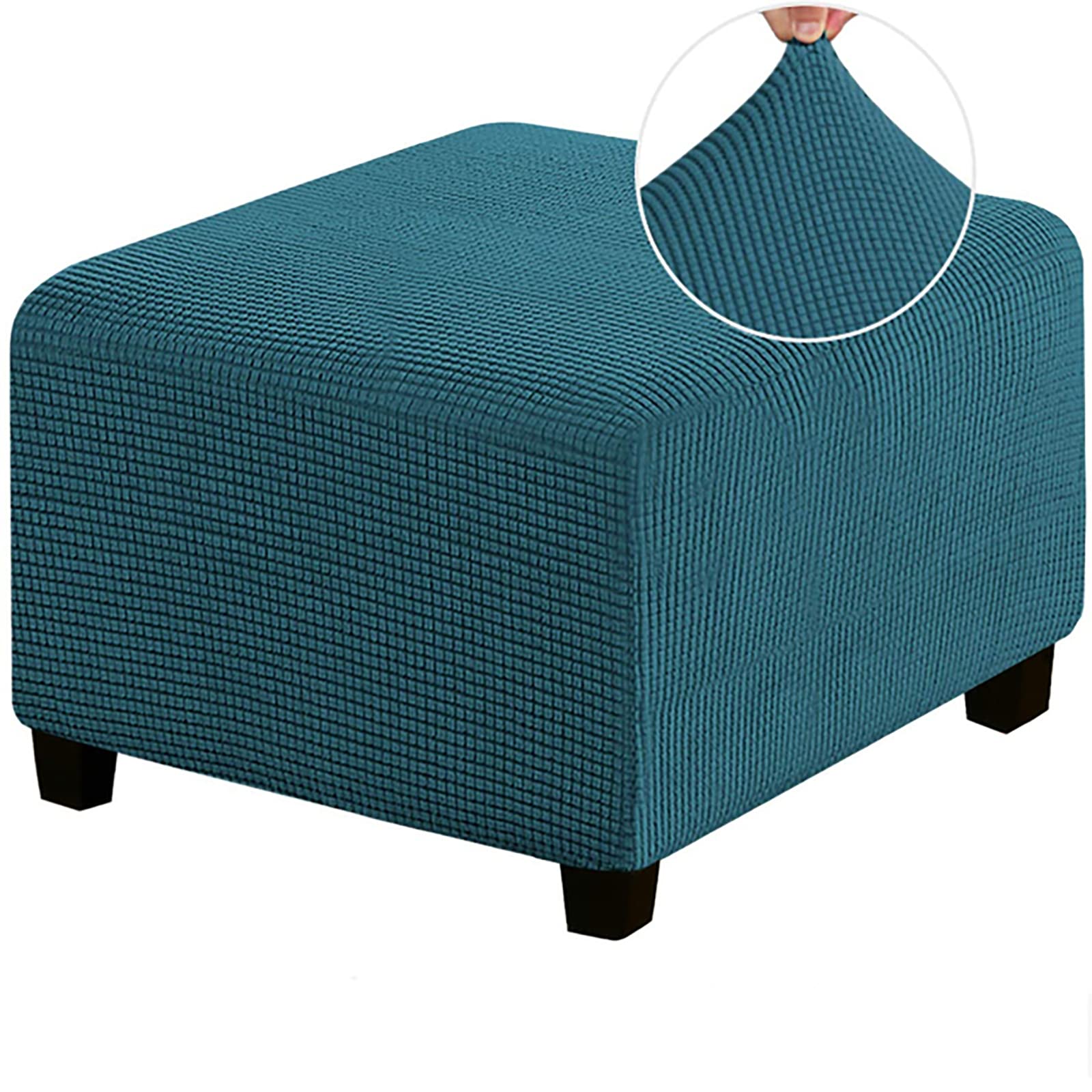Hjlrr Teal Slipcovers Rectangle For Living Room Foot Stool Stretch Covers To Fit Ottoman Foot Rest, Checked Jacquard Fabric With Elastic Bottom, Removable Washable,,L