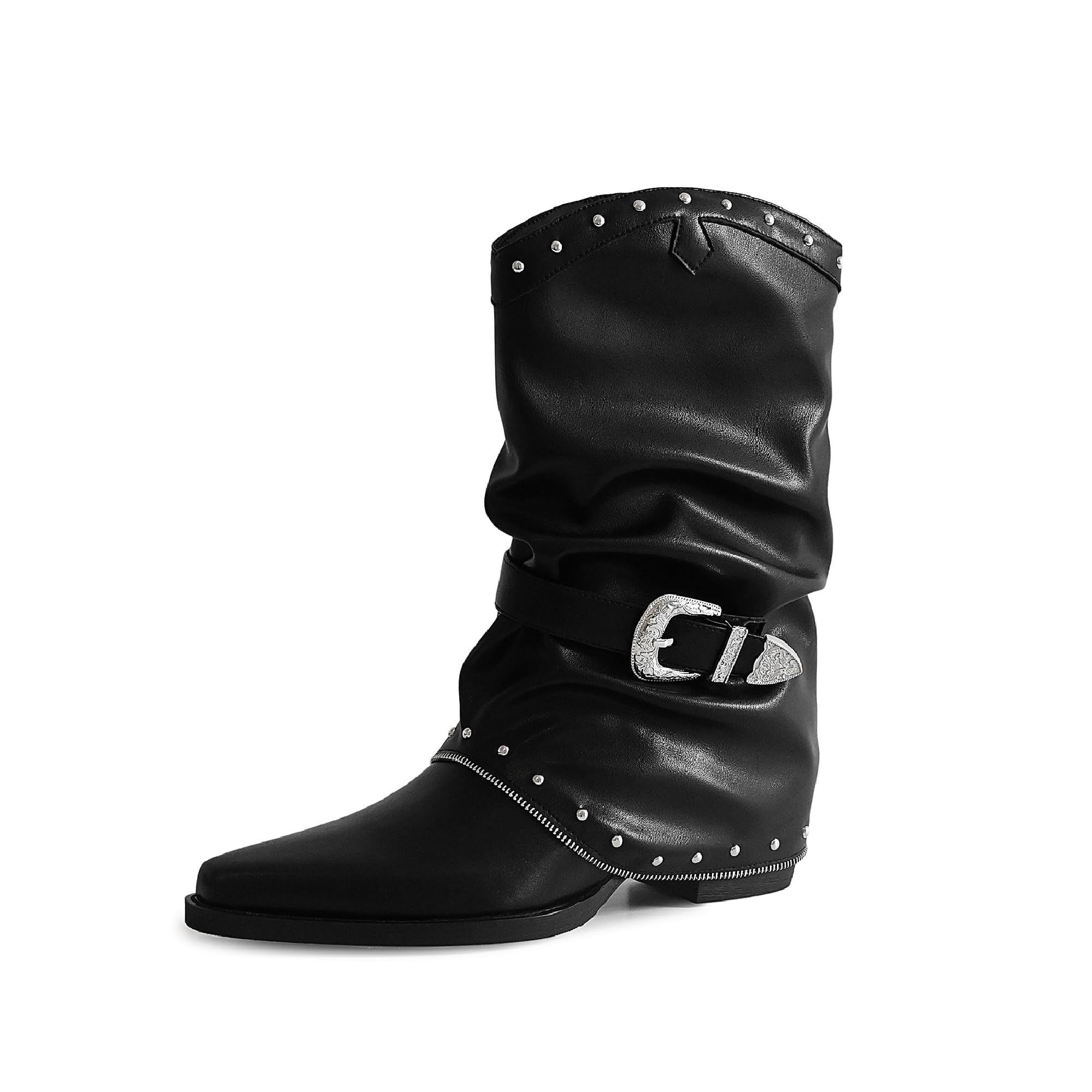 JANSEVEN Women Western Boots Mid Culf Cowgirl Boot Fold Over Casual Boots with Chunky Heel Fashion Slouchy Boot