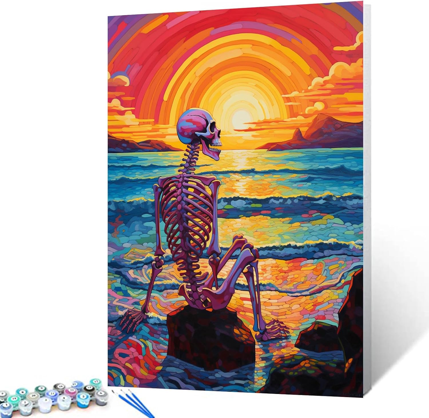Graffitic Human Skeleton Paint by Numbers for Adults Seascape at Sunset/Rainbow DIY Paint by Numbers Acrylic Paint Canvas Kitchen Decor Abstract Skull Painting Kits 20x16 Inch Gift（DIY Frame ）