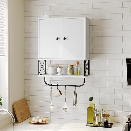 Miniatura 9 de Armario de pared de baño con 2 puertas y estante ajustable, botiquín de granja con toallero, armario de almacenamiento montado en la pared de 3