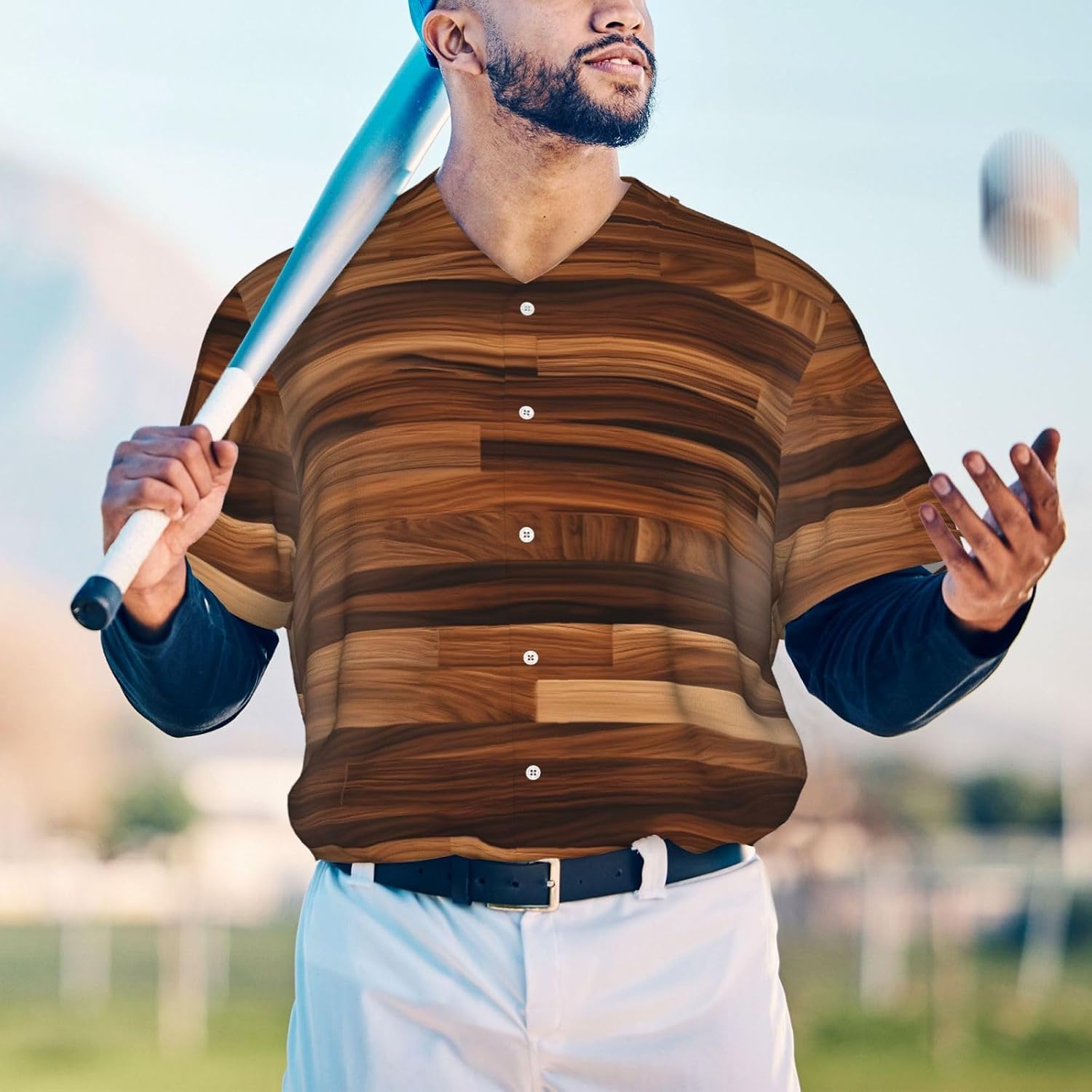 Wood Grain Stylish Softball Jersey,Personalized and Breathable Baseball Button Down for Men for All Seasons and Occasions