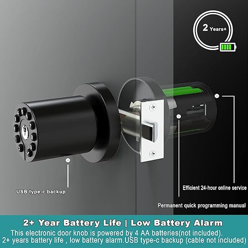 Miniatura 4 de Pomo de Puerta con Teclado y Llave, Cerradura de Puerta sin Llave, Cerradura de Código, Llave de Puerta, Bloqueo Automático, Código de 50 Usuarios,