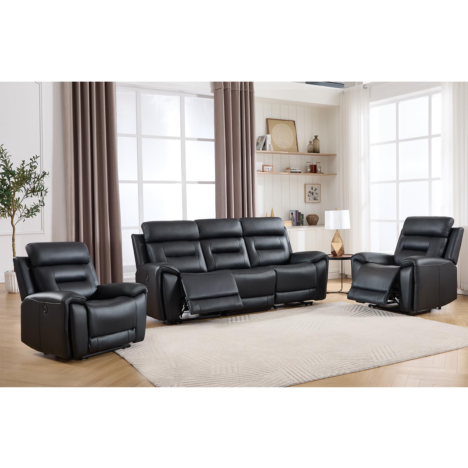 ANJ 3-Piece Faux Leather Power Recliner Sofa Set with USB&amp;Type-C Charging Ports, Include 2 Single Large Recliner Chairs and a 3-Seater Reclining for Living Room, Black