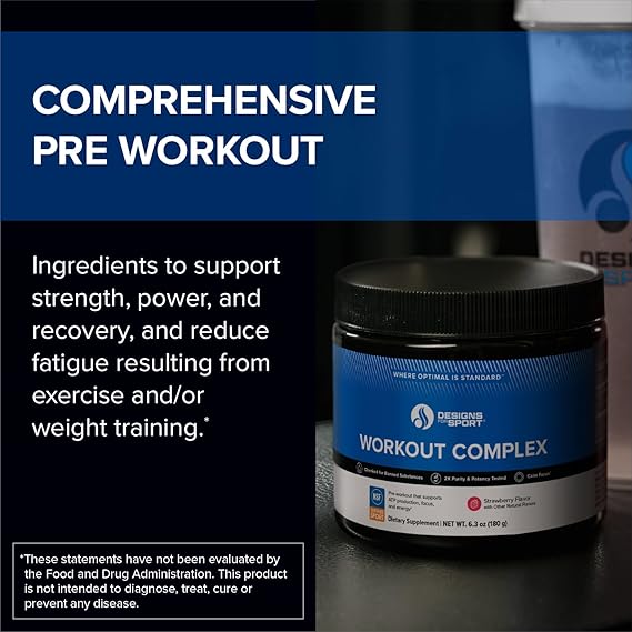 Designs for Sport Workout Complex - NSF Certified for Sport Pre Workout Powder - L-tyrosine, Acetyl L-Carnitine, Creatine & Caffeine to Support Workout Recovery, Energy and Focus (6.3 oz)