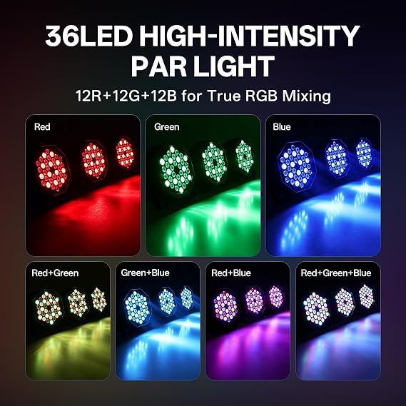 U`King Stage Lights, 36W LED RGB LED Par Lights, 7 Channel Stage Light with DMX Controller Sound Activated, Stage Lighting for Events Birthday Bar Dance Decoration, 16 Packs