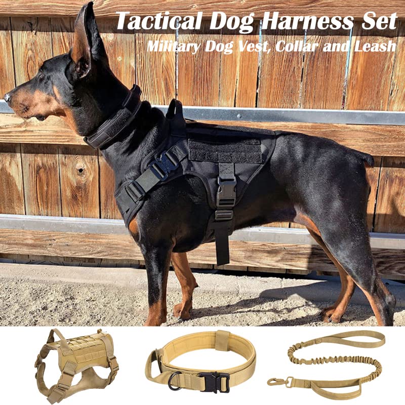 Taktisches Hundegeschirr Set Mit Halsband & Bungee-Leine – Mit 2 MOLLE-Taschen & Wasserflaschenhalter, Für Outdoor & Training