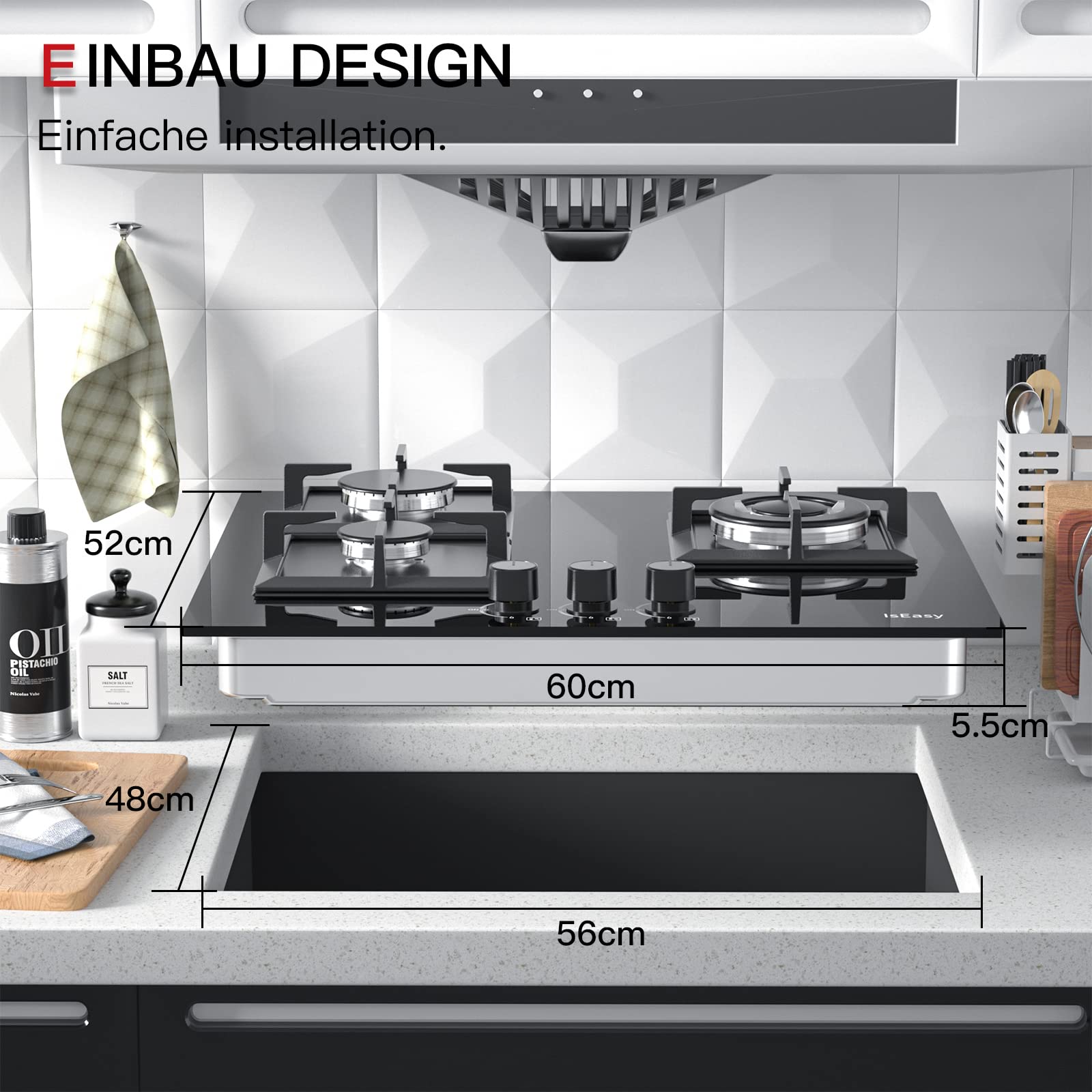 WEHIMO Gaskochfeld 3 Flammig 59cm - 7750W Glas Kochfeld Für Erdgas/Propan