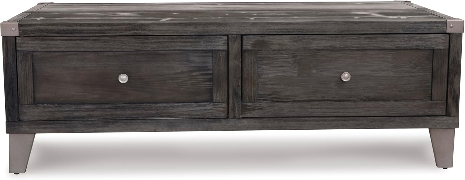Signature Design by Ashley Todoe Industrial Spring-Lift Top Coffee Table, 2 Storage Drawers, Metal Legs, Wood, 54.38" W x 28.5" D x 18.25" H, Dark Gray & Weathered Pine Finish