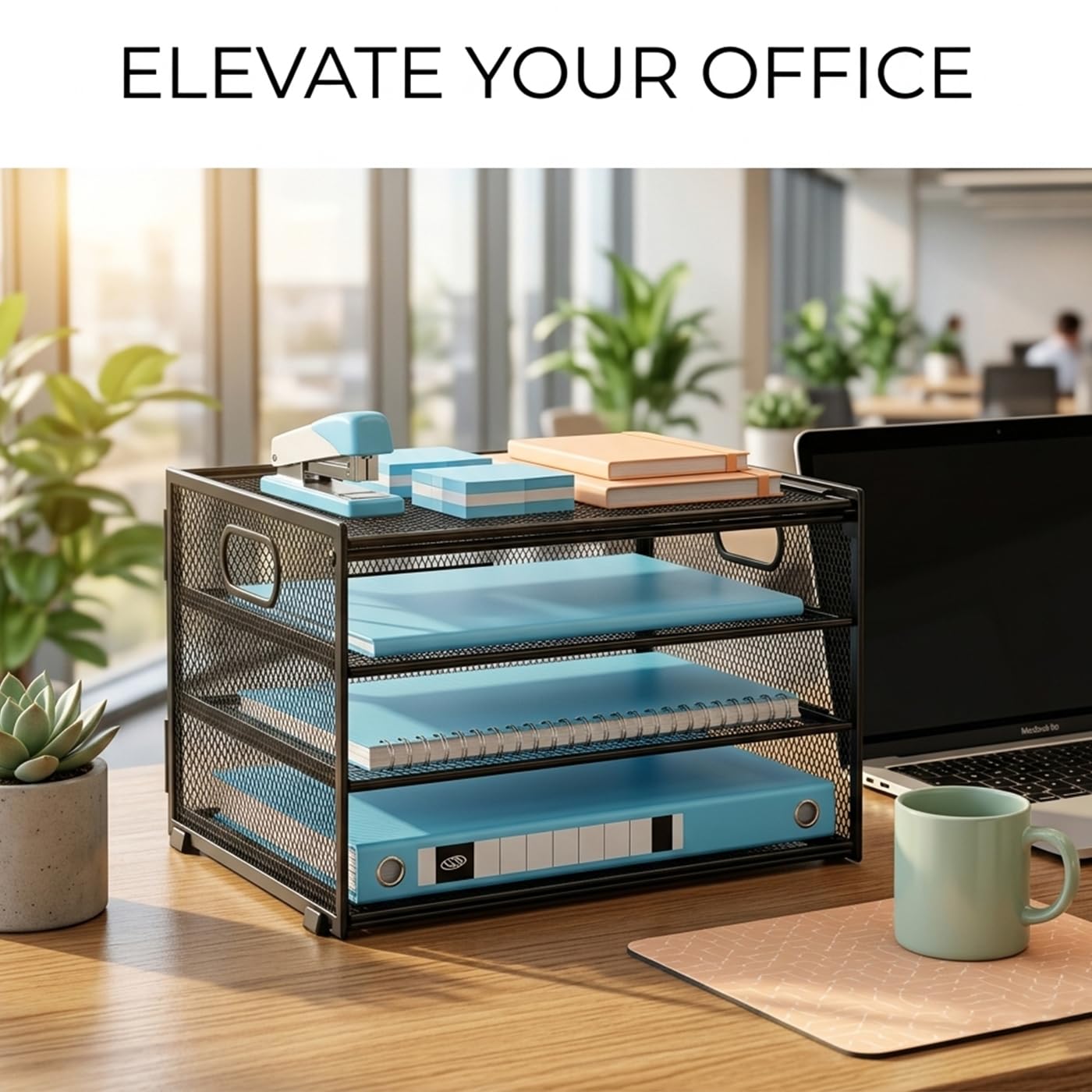 Organizador de documentos A4 de metal, apilable con 4 compartimentos, para oficina y oficina, especialmente estable y fácil de montar, color negro