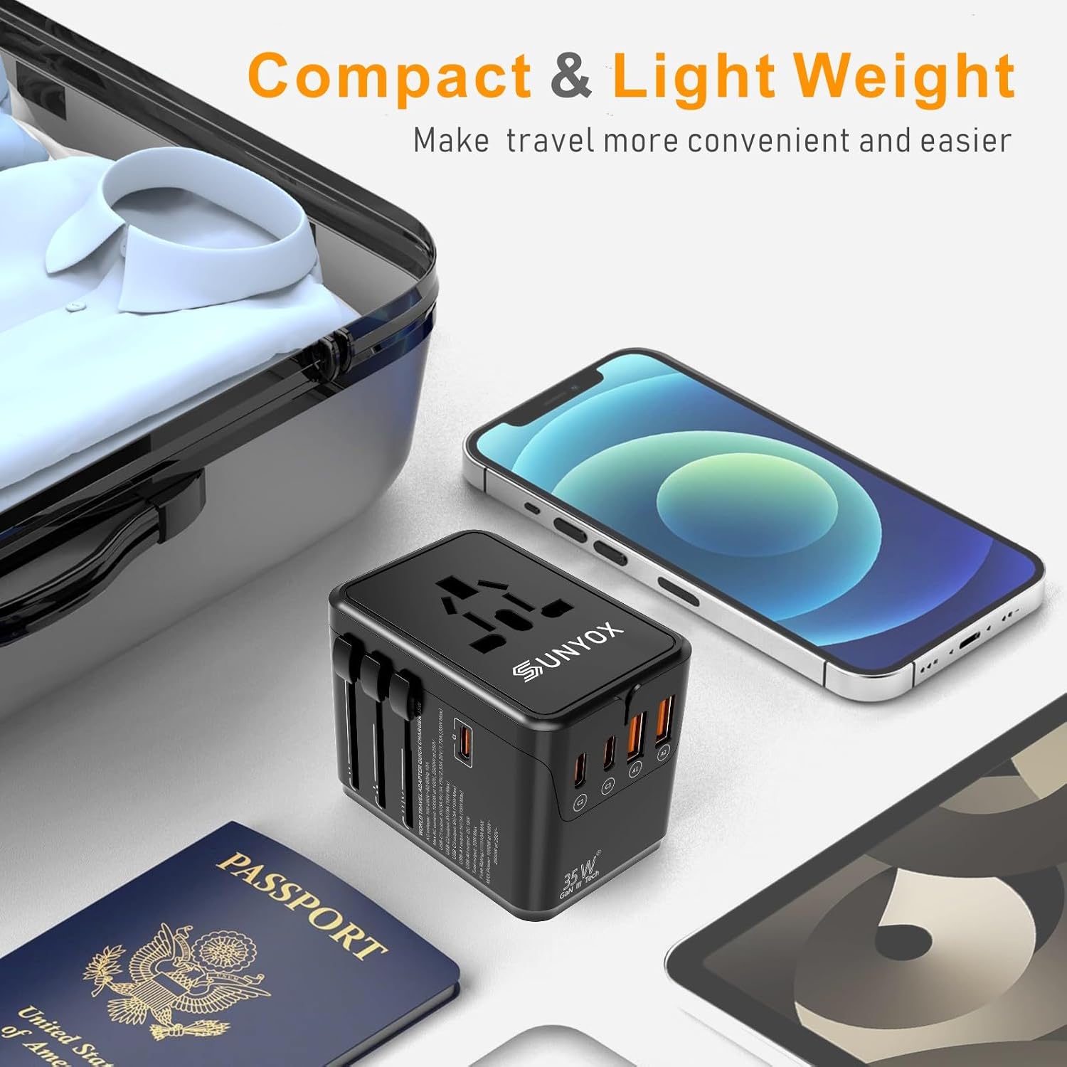 Universal Travel Adapter-35W International Power Adapter, PD&QC Fast Charge | GaN III European Travel Plug Adapter, 3 USB-C & 2 USB-A Ports, US to Europe Plug Adaper EU/UK/AUS and Over 200 Countries