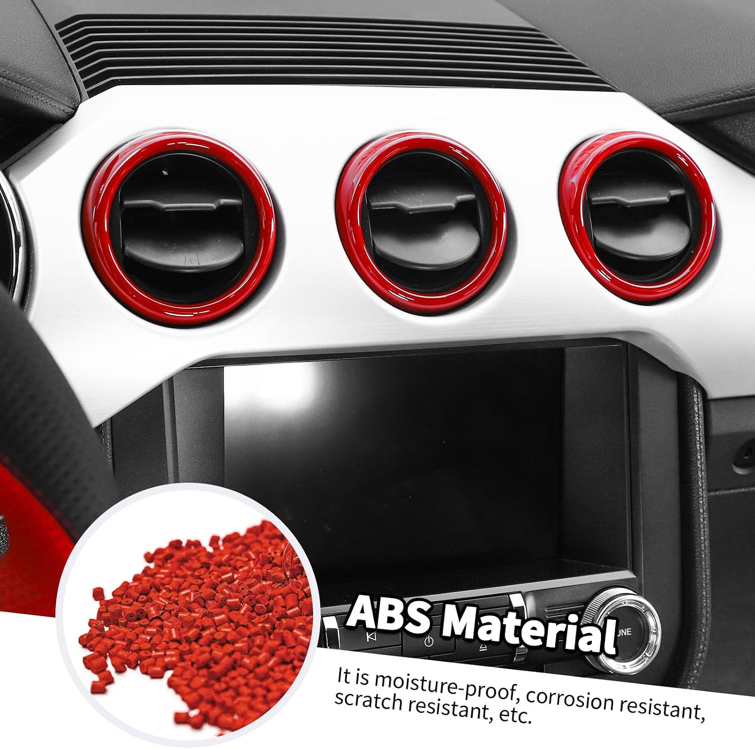 Jimen Compatible with Ford Mustang 2015-2023, 3PCS Center Console Dash AC Vent Cover Trim Ring (Red)