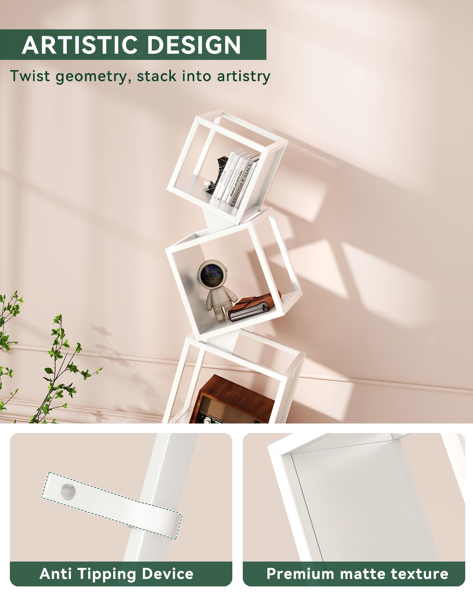 YMYNY Libreria a Cubi, Scaffale in Metallo con 5 Livelli, Alto 180 cm, Libri moderni verticali, Scaffale Portaoggetti Aperto, Geometrico, per Soggiorno, Camera da Letto, Studio, Bianco HBC007W