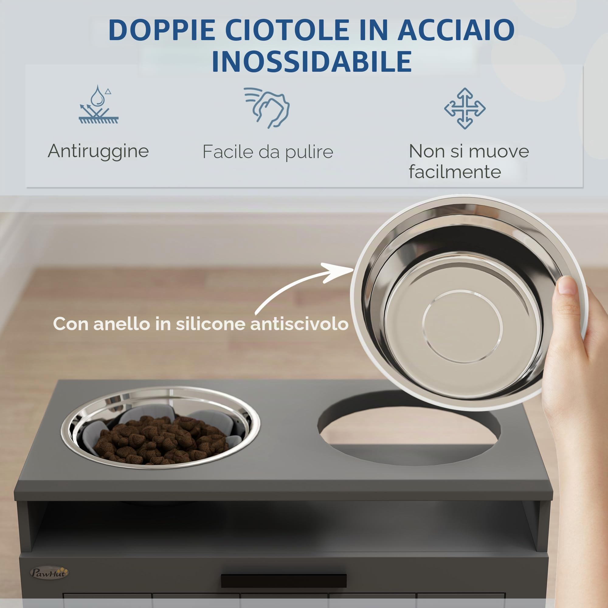 PawHut ciotole per cani, stazione di alimentazione rialzata con 2 ciotole in acciaio inox, tappetino antistrisciamento, supporto per ciotola per cani con spazio di archiviazione di 25L, ciotola per