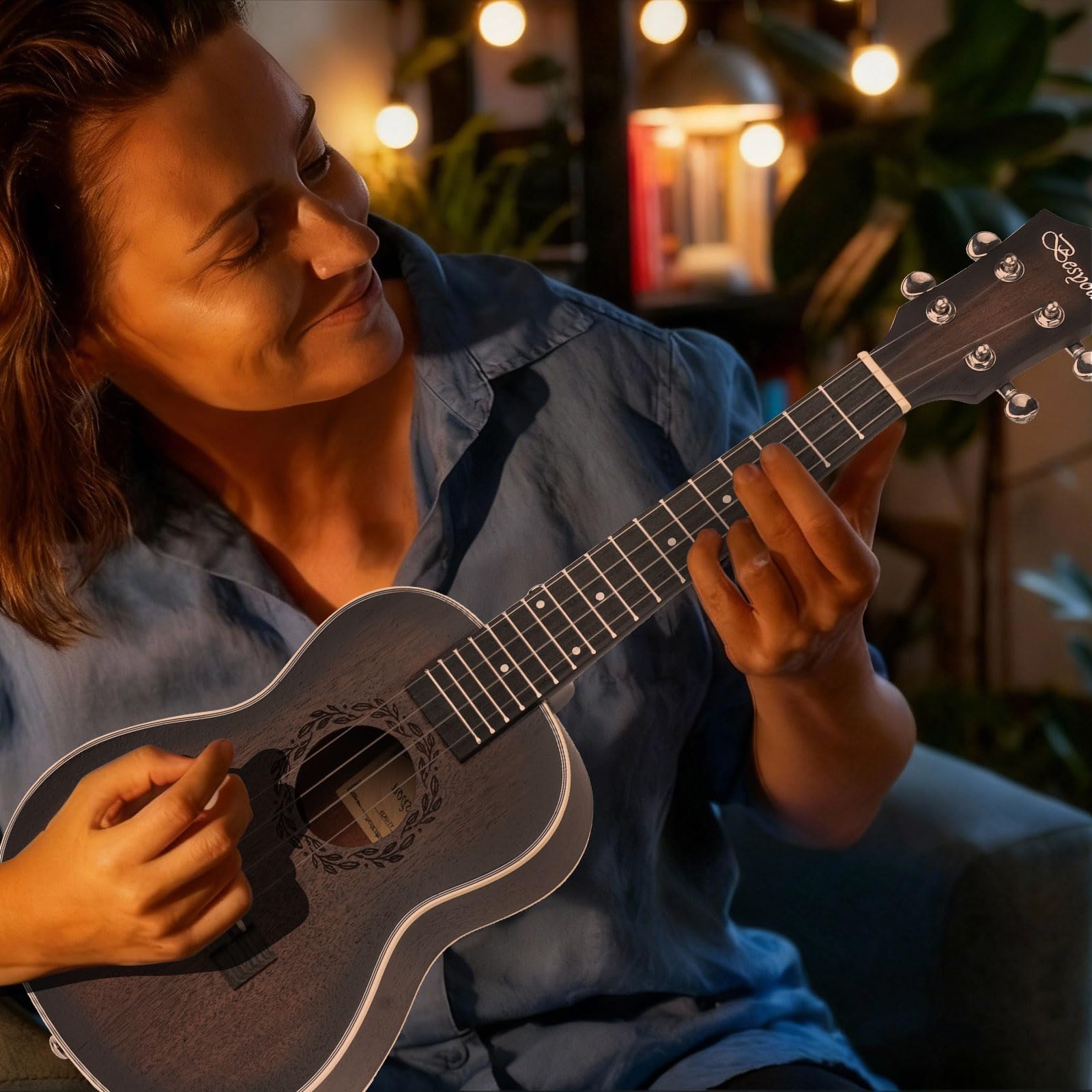 Ukulele da concerto per principianti, in mogano, con accordatore, borsa da concerto, tracolla, corda in nylon al carbonio, plettri in tessuto, scelta regalo (marrone, 23)