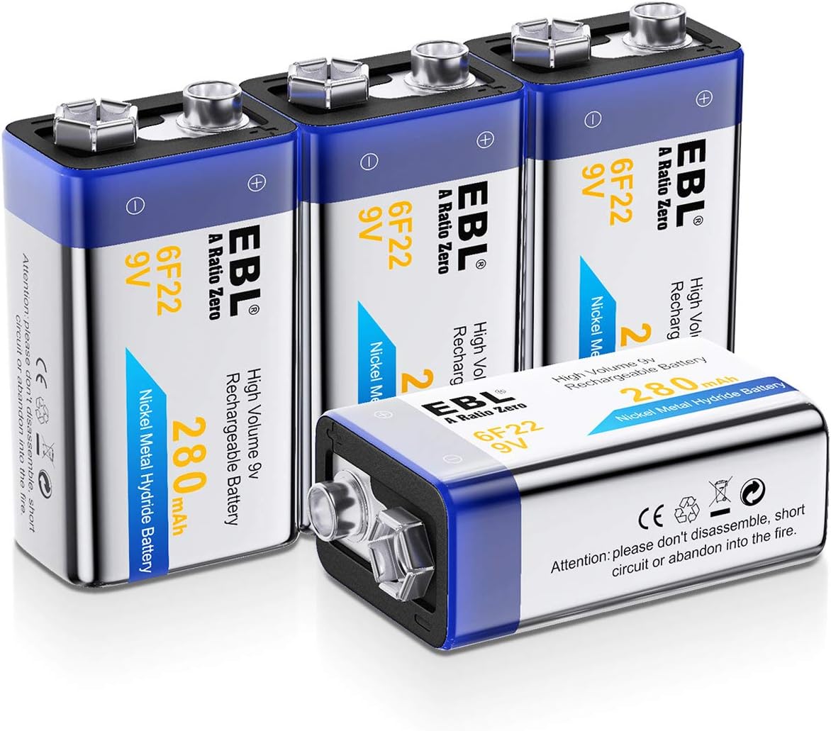 EBL EBL 9V Rechargeable Batteries NiMH Everyday 280mAh 9V Battery for Smoke Alarm Detector, 4-Packs