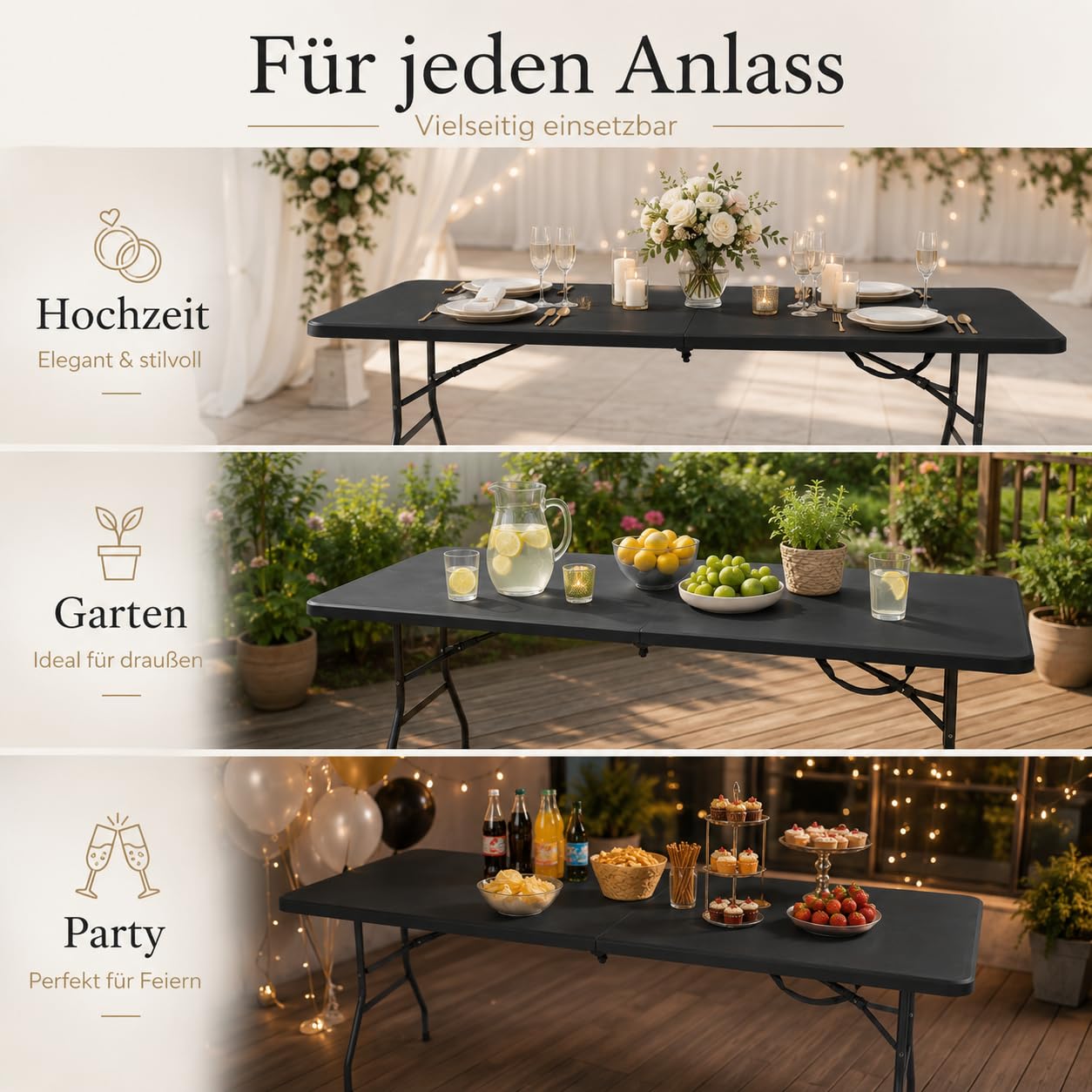 Arttribute Klapptisch 180x74x74 cm, Gartentisch klappbar, Schwarz | Schnell einsatzbereit, leicht zu transportieren, ideal für Buffet, Party und Veranstaltungen