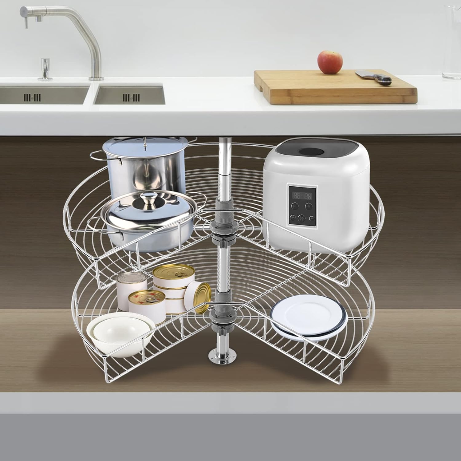 Lazy Susan Organizer, 28" Wire 2-Tier Kidney Blind Corner Cabinet Rack, 270° Rotating Pantry Kitchen Storage Shelf, Heavy Duty Iron Chrome Organizer for Base Cabinet (Adjustable Height 22-31")