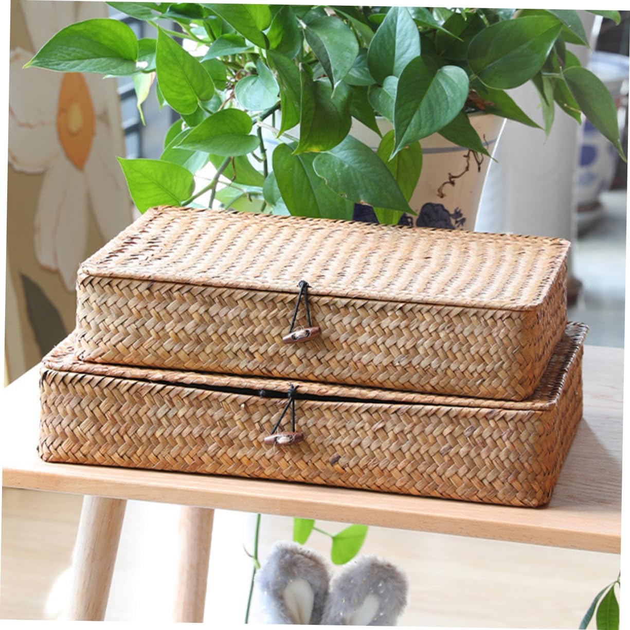 STOBAZA 2pcs Straw Storage Baskets Lid Versatile Organizers for Home for Bathroom Pantry and Bedroom Elegant Box for Sundries and Tea