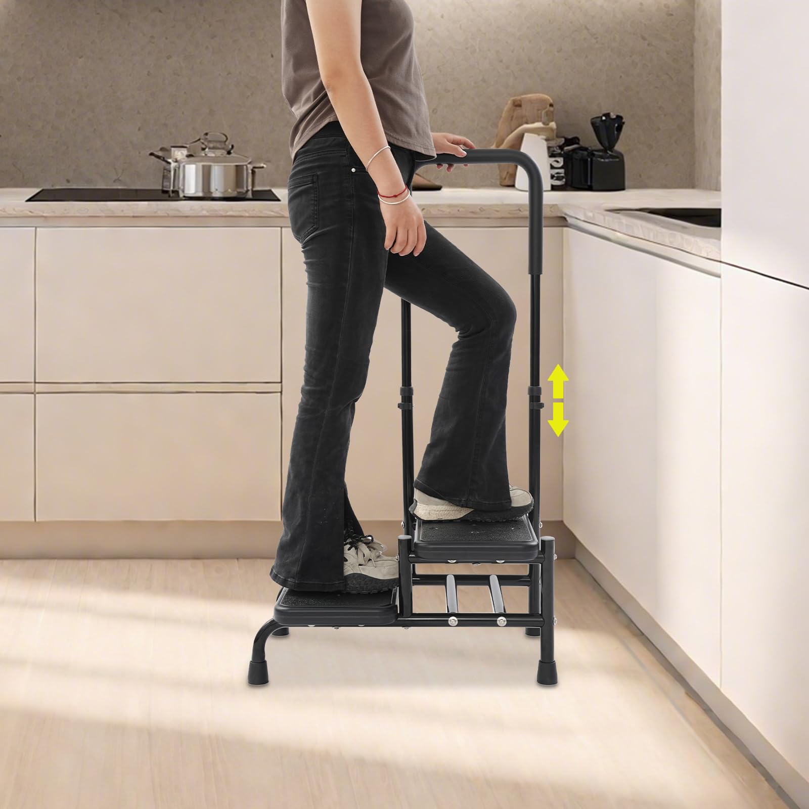 Sgabello con maniglia, 2 livelli, regolabile in altezza, nero | Sgabello a 2 gradini, con corrimano regolabile, portata fino a 135 kg, autoportante, per bagno, letto, cucina e casa