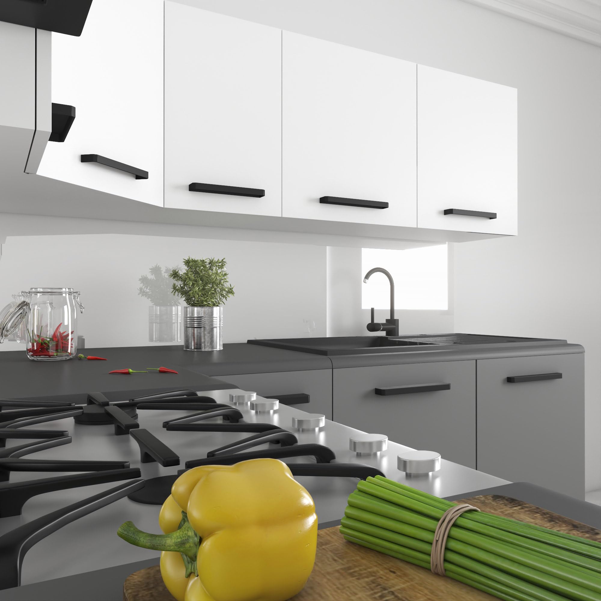 Belini Italia 6 Narożna szafka kuchenna 360cm biało-szara matowa | Narożna szafka kuchenna, białe skrzynki, ECONATURA DECOR odporna na zarysowania, bez sprzętu AGD, z blatem roboczym